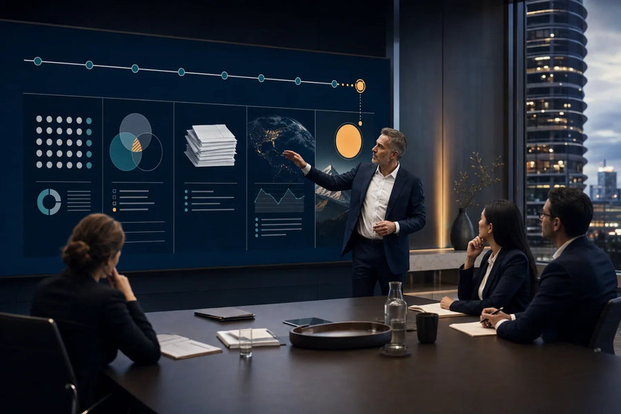 Executive AI governance dashboard showing AI inventory, transparency decisions, supplier evidence and cyber resilience controls on a compliance timeline.