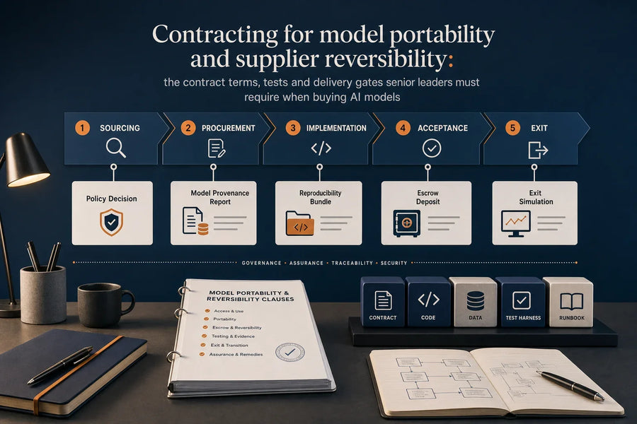 Lifecycle diagram showing procurement to exit gates for AI model portability with artefacts and acceptance tests
