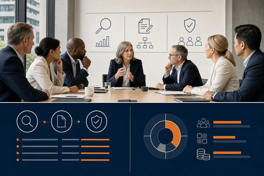 Senior leaders at a programme board with a whiteboard showing appraisal, contract and assurance columns