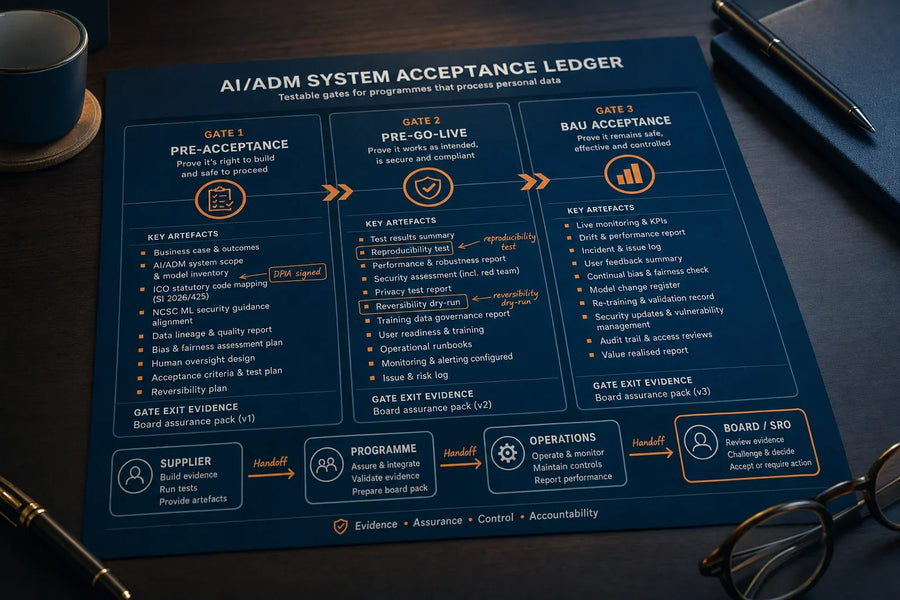 Three-stage acceptance ledger diagram showing gates and required artefacts for accepting AI systems into live service.
