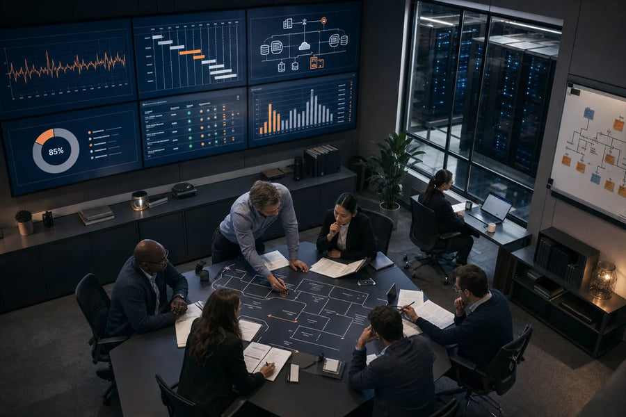 Operational cutover exercise with staff, dependency maps and runbooks on screen and table.