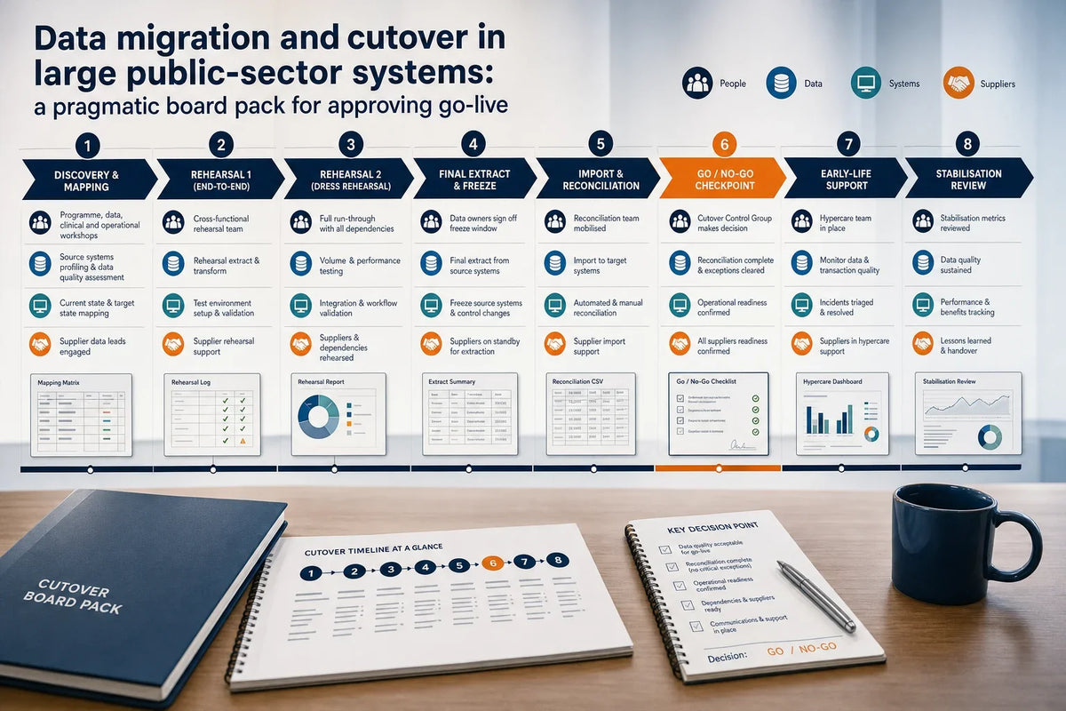 Infographic timeline of system cutover stages with artefacts and decision points