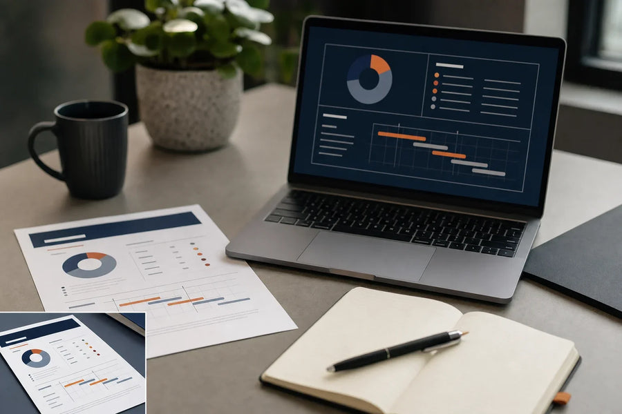 Close-up workspace with laptop showing a delivery dashboard and a printed Delivery Confidence Summary one‑pager on the table; no boardroom or people visible.