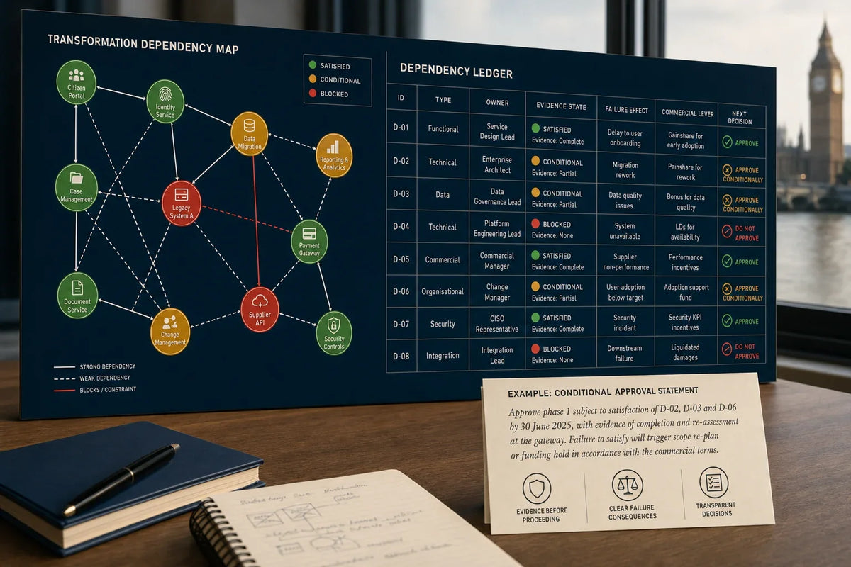 Network dependency map with accompanying ledger table showing owners and evidence states
