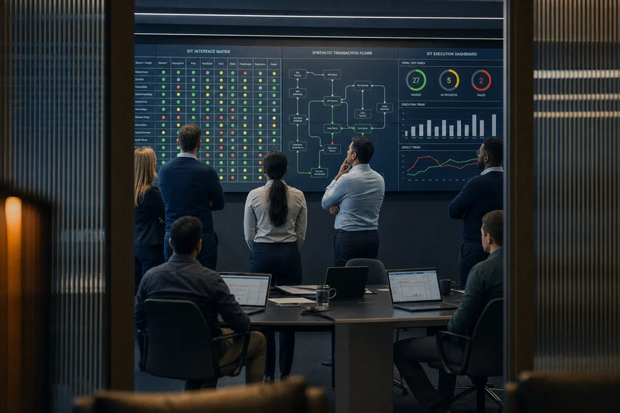 Integration control room with dashboard showing interface matrix and live test flows