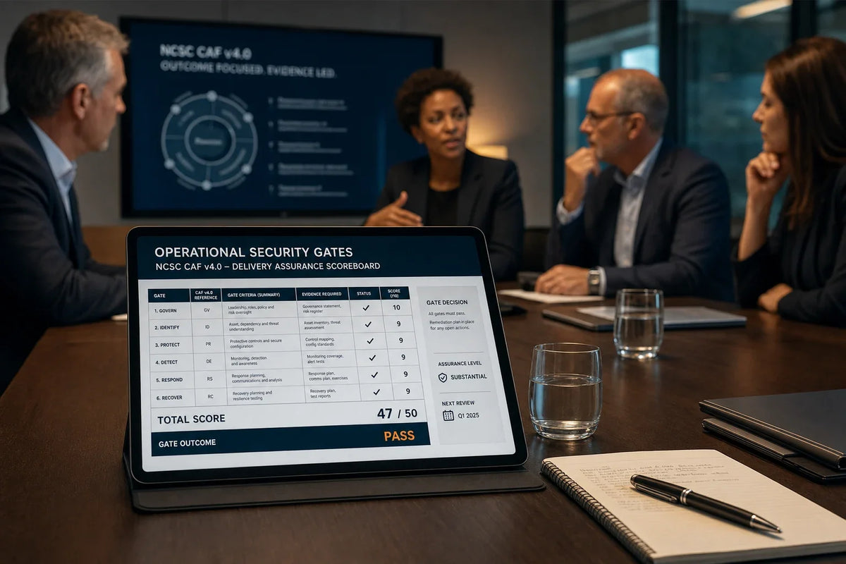Boardroom scoreboard showing pass/fail CAF delivery gates with executives reviewing evidence