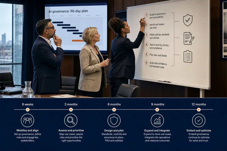 Senior public‑sector leaders in a boardroom reviewing a whiteboard labelled 'AI governance: 90‑day plan' with an inset infographic of an eight‑week to twelve‑month roadmap.