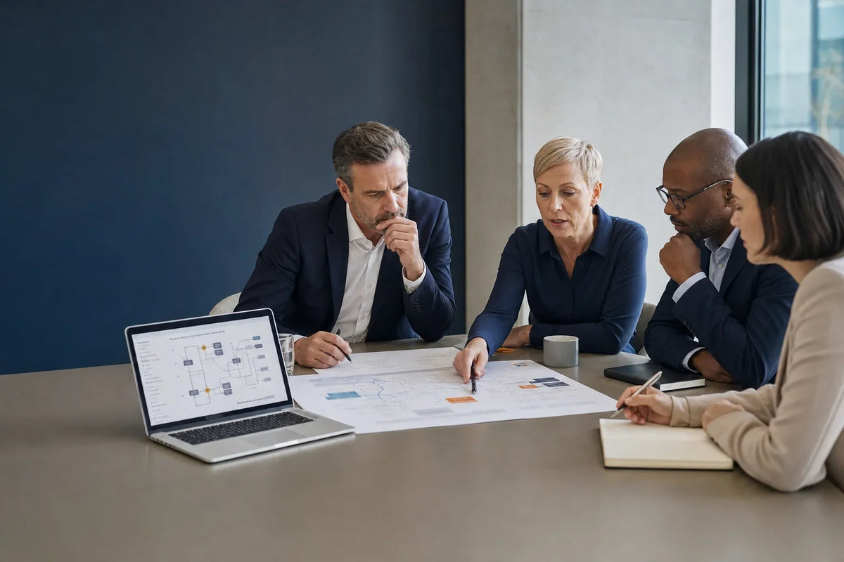 Four senior public‑sector leaders around a table reviewing printed data flow diagrams and a laptop, representing collective governance of data sharing under DUAA.