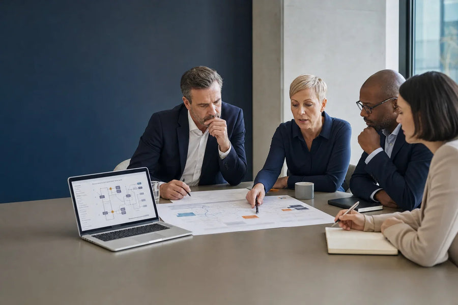 Four senior public‑sector leaders around a table reviewing printed data flow diagrams and a laptop, representing collective governance of data sharing under DUAA.