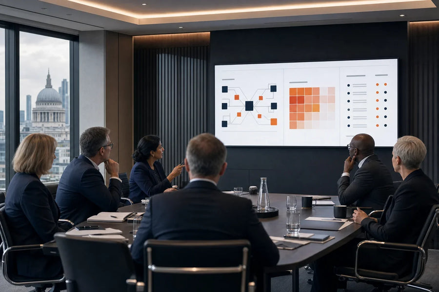 Boardroom with executives reviewing a cyber-resilience dashboard showing supplier heatmap and essential functions map