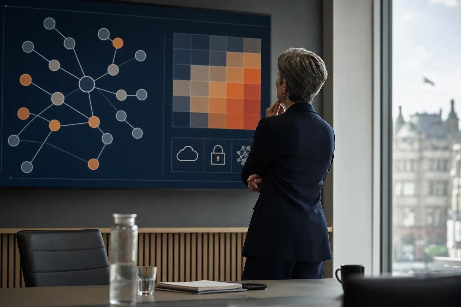 Senior public‑sector leader reviewing a dashboard with supplier map and AI risk heatmap