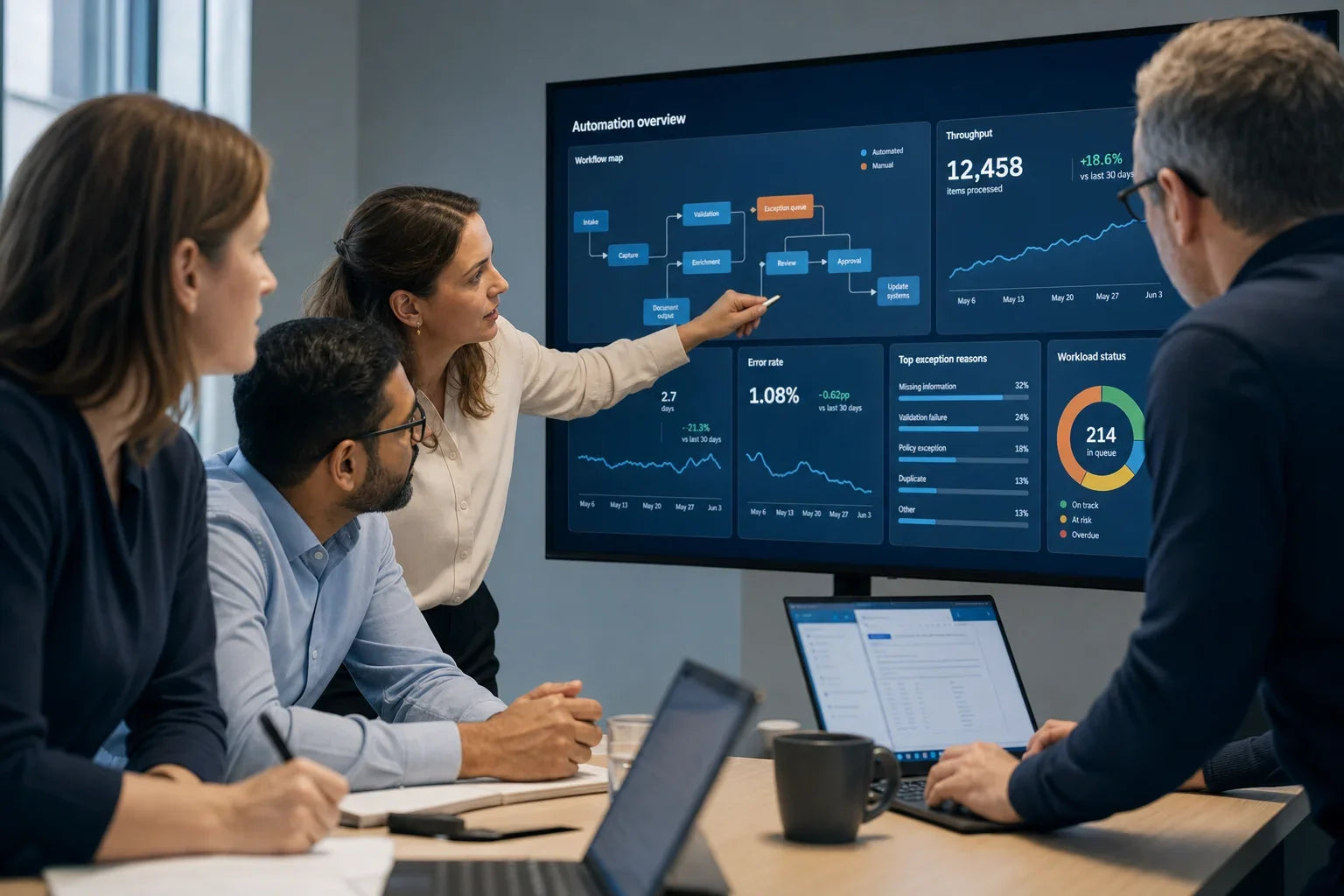 Delivery team reviewing an automation dashboard showing workflow maps and performance metrics