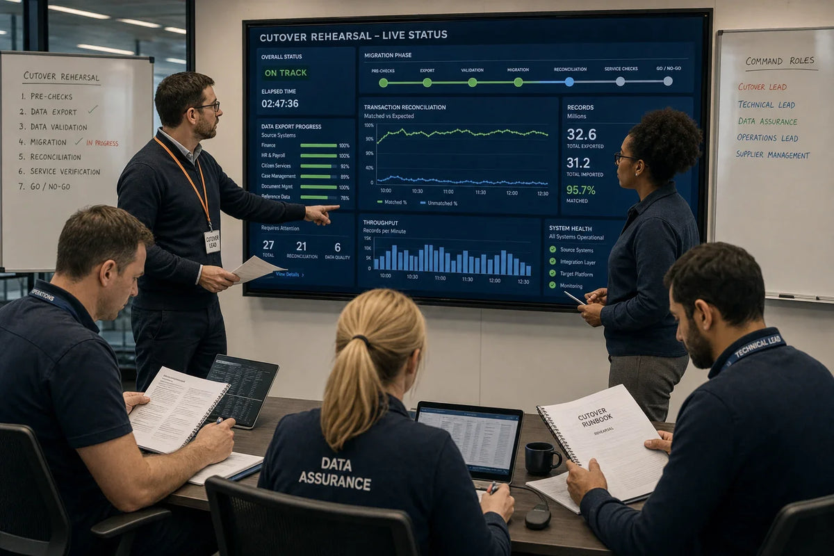 Operations team executing a cutover rehearsal with a migration dashboard and printed runbooks on the table.