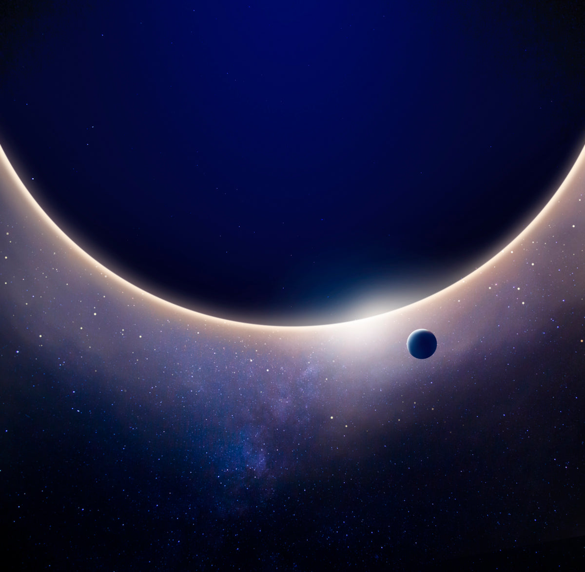 A dramatic space scene featuring a large dark celestial body in deep blue and black tones, with a glowing crescent edge and a small blue planet or moon nearby against a starry cosmic background.